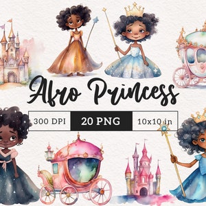 May include: A set of 20 digital illustrations featuring Afro princesses in various poses, including a princess with a wand, a princess in a carriage, and a princess in a castle. The illustrations are in a watercolor style and are perfect for creating invitations, cards, and other crafts.