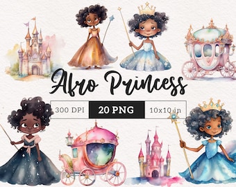 20 Afro Princess PNG Black girl clipart Watercolor Princess clipart Black woman Sublimation Fairy tale Magical Princess wand Commercial use