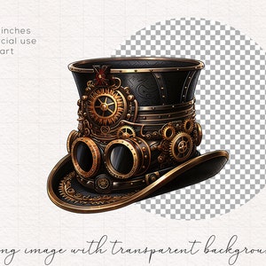 May include: A black and gold steampunk top hat with gears and goggles. The hat is 10 inches in diameter.