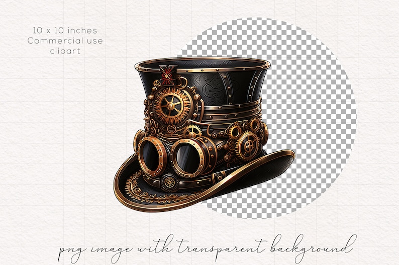 May include: A black and gold steampunk top hat with gears and goggles. The hat is 10 inches in diameter.