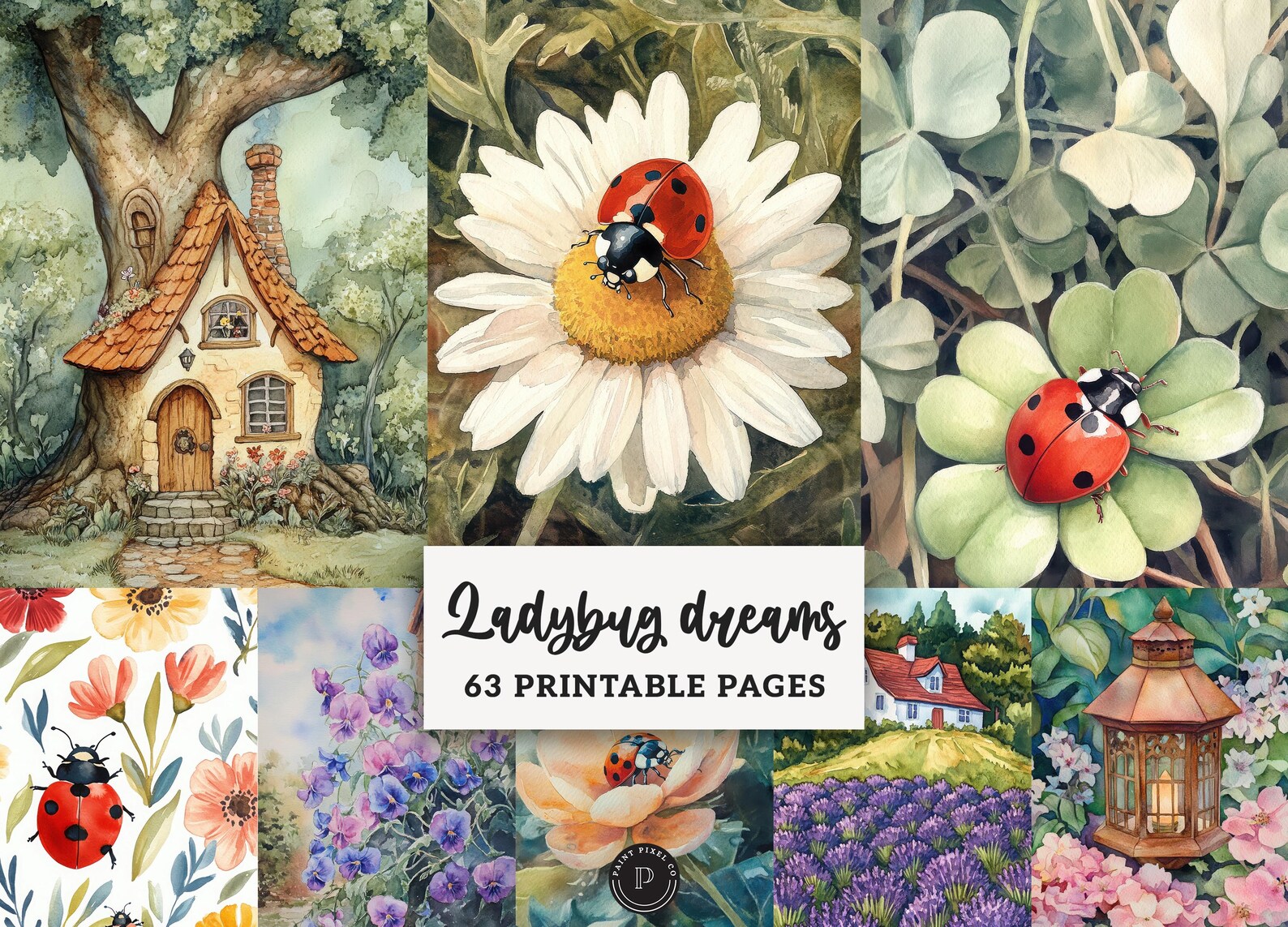 Ladybug Junk Journal Pages - Daisies Floral Digital Papers - Watercolor ...