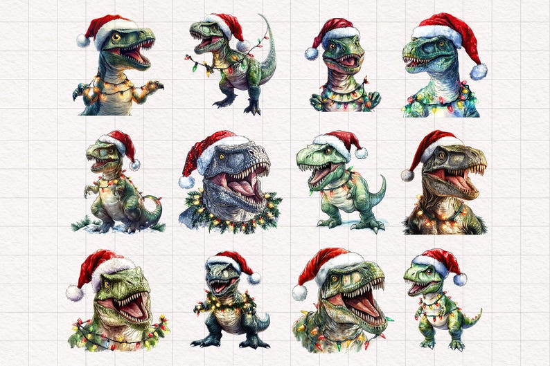 May include: Twelve digital illustrations of green dinosaurs wearing red Santa hats and Christmas lights. The dinosaurs are in various poses, some are standing, some are sitting, and some are looking to the side.