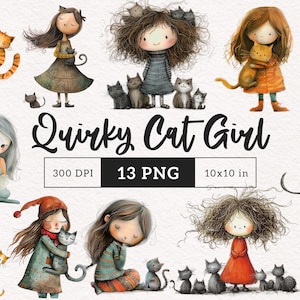 Images clipart filles chat insolites maman animal de compagnie lunatique PNG Fille chat drôle Personnes fantaisistes Sublimination Illustration de fille de dessin animé allongé Amoureux des chats DTF