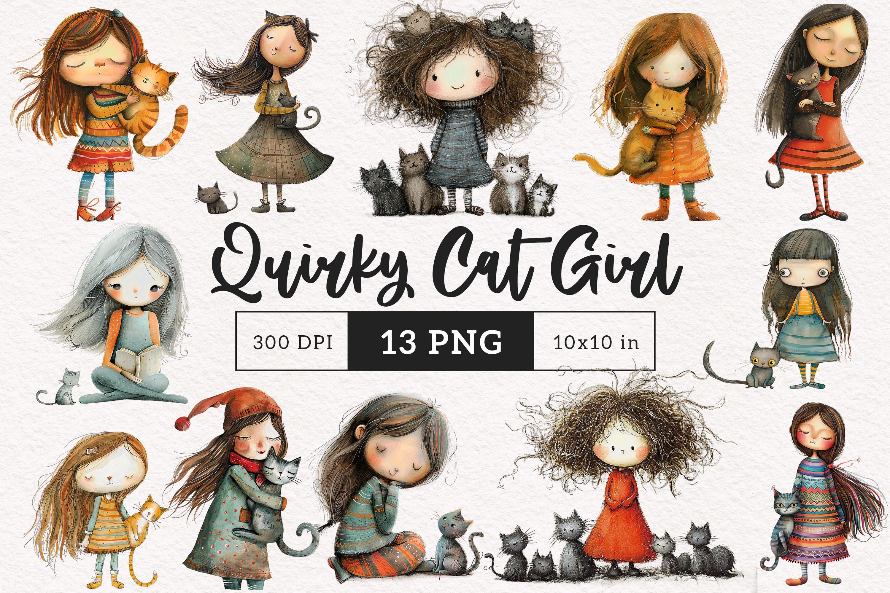Quirky Cat Girls Clipart Whimsical Pet Mom PNG Funny Cat Girl Whimsy ...