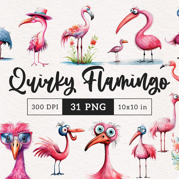 Quirky Flamingo Clipart PNG Whimsical Flamingos PNG Funny Pink Flamingo Bird Whimsy Silly Sublimation Floral Flamingo Graphics illustration