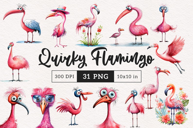 May include: A set of 31 digital illustrations of quirky pink flamingos in various poses. The illustrations are in a watercolor style and are perfect for adding a touch of whimsy to your designs.