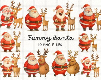 Könnte beinhalten: Aquarellillustrationen von Weihnachtsmann und Rentieren in verschiedenen Posen. Der Weihnachtsmann trägt einen roten Anzug, Hut und Gürtel mit weißem Bart. Das Rentier hat braunes Fell und Geweih. Text "Funny Santa" und "10 PNG FILES."