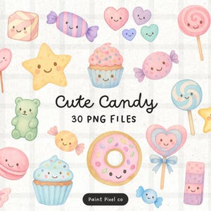 Peut inclure: Illustration à l'aquarelle de divers bonbons mignons, notamment des sucettes, des cupcakes et des oursons en gélatine. L'image présente une variété de couleurs pastel et le texte "Cute Candy 30 PNG FILES".