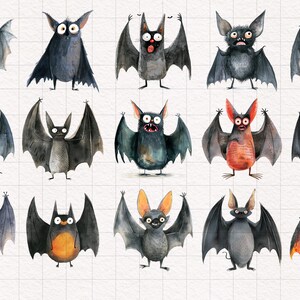 Puede incluir: Una colecci&oacute;n de 15 ilustraciones de acuarela de murci&eacute;lagos con diversas expresiones y colores. Los murci&eacute;lagos tienen diferentes formas de alas y tama&ntilde;os, y algunos tienen acentos naranja, rojo o azul.