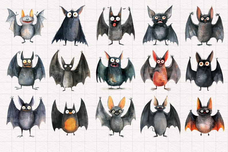 Puede incluir: Una colecci&oacute;n de 15 ilustraciones de acuarela de murci&eacute;lagos con diversas expresiones y colores. Los murci&eacute;lagos tienen diferentes formas de alas y tama&ntilde;os, y algunos tienen acentos naranja, rojo o azul.