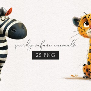 May include: A set of 25 quirky safari animal illustrations in PNG format. The illustrations feature a zebra and a leopard with bright colors and cartoonish features.