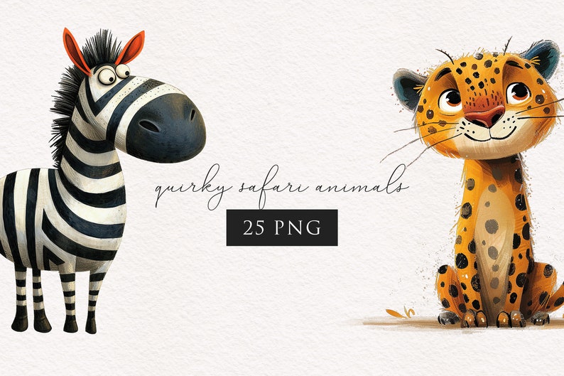 May include: A set of 25 quirky safari animal illustrations in PNG format. The illustrations feature a zebra and a leopard with bright colors and cartoonish features.