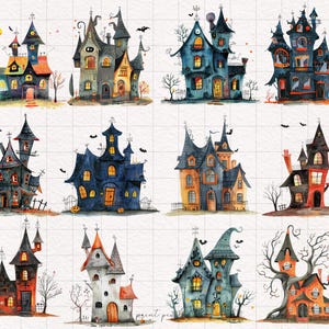 May include: A collection of ten watercolor illustrations of spooky Halloween houses. Each house is unique with different colors, shapes, and details. The houses are all set against a white background.