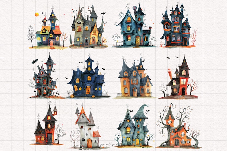 May include: A collection of ten watercolor illustrations of spooky Halloween houses. Each house is unique with different colors, shapes, and details. The houses are all set against a white background.