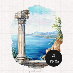 Colonne grecque méditerranéenne Clipart vue mer pilier en pierre PNG architecture ancienne marbre historique artisanat en papier fabrication de cartes usage Commercial