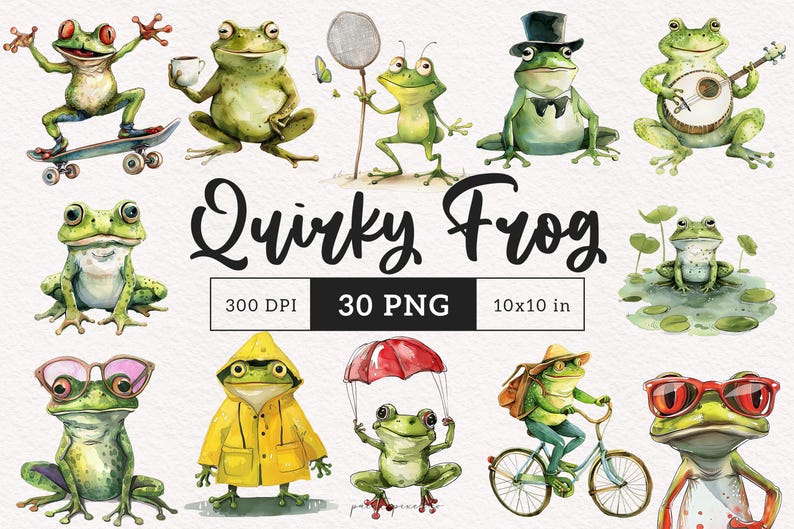May include: A set of 30 digital illustrations of quirky frogs in various poses and outfits. The frogs are depicted in watercolor style and feature details like sunglasses, raincoats, and a banjo. The illustrations are perfect for adding a whimsical touch to your designs.