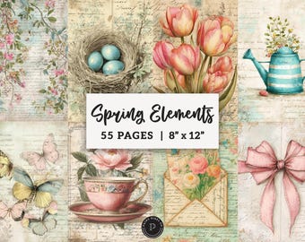 May include: A collage of watercolor illustrations with a spring theme. The image includes tulips, a bird's nest with eggs, butterflies, a teacup, and a watering can. The text "Spring Elements" is displayed, along with the dimensions 8" x 12".