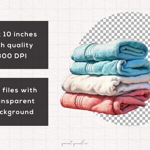May include: A stack of four towels in different colours. The towels are folded and rolled. The top two towels are light blue, the third towel is white, and the bottom towel is pink. The towels are 10 inches by 10 inches and 300 DPI. The image is a PNG file with a transparent background.