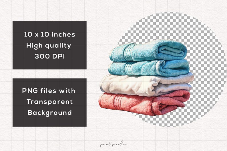 May include: A stack of four towels in different colours. The towels are folded and rolled. The top two towels are light blue, the third towel is white, and the bottom towel is pink. The towels are 10 inches by 10 inches and 300 DPI. The image is a PNG file with a transparent background.