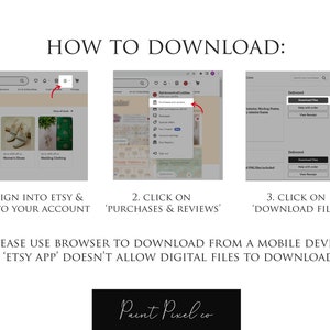 K&ouml;nnte beinhalten: Ein Screenshot eines Computerbildschirms, der zeigt, wie man digitale Dateien von Etsy herunterl&auml;dt. Die Schritte sind: 1. Melden Sie sich bei Etsy an und gehen Sie zu Ihrem Konto. 2. Klicken Sie auf &bdquo;K&auml;ufe und Bewertungen&ldquo;. 3. Klicken Sie auf &bdquo;Dateien herunterladen&ldquo;. Der Text &bdquo;BITTE VERWENDEN SIE EINEN BROWSER, UM VON EINEM MOBILGER&Auml;T HERUNTERZULADEN. 'ETSY APP' ERLAUBT KEINEN DOWNLOAD DIGITALER DATEIEN.&ldquo; wird ebenfalls auf dem Bildschirm angezeigt. Der Text &bdquo;Paint Pixel co&ldquo; wird am unteren Bildschirmrand angezeigt.