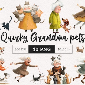 Schrullig alte Frau mit Haustieren Clipart Oma PNG wunderliche lustige Cartoon Menschen mit Katzen und Hunden Sublimation Whimsy Clipart Dumme alte Damen