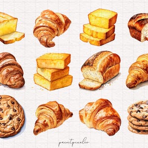 May include: A watercolor illustration of various baked goods, including croissants, bread loaves, pound cake, and chocolate chip cookies. The illustration is on a white background with a grid pattern.