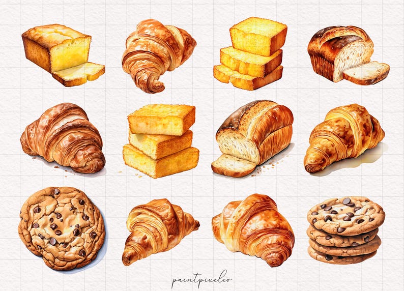 May include: A watercolor illustration of various baked goods, including croissants, bread loaves, pound cake, and chocolate chip cookies. The illustration is on a white background with a grid pattern.