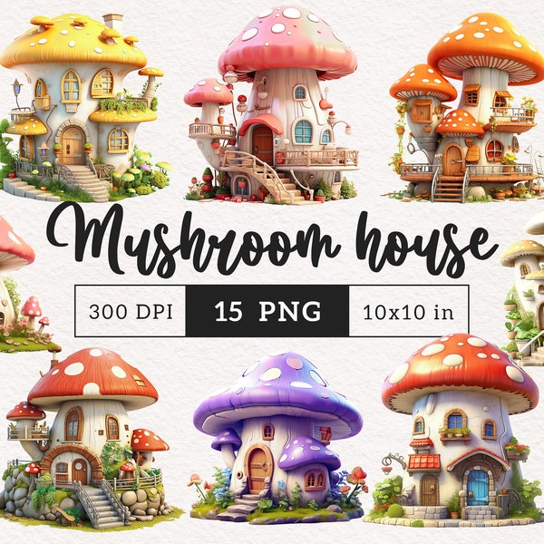 Toadstool house Watercolor Mushroom PNG clipart Fantasy illustration graphics Sublimation Transfer Journaling PNGs Printable Fairytale home
