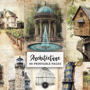 Könnte beinhalten: Eine Collage architektonischer Illustrationen, darunter ein Haus mit Weinberg, ein Pavillon mit Brunnen und ein Baumhaus. Der Text "Architecture" und "80 Printable Pages" sind auf einem weißen Rechteck dargestellt.