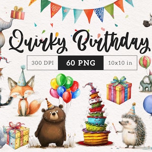 Quirky Birthday Animals clipart PNG Whimsical Safari Woodland Farm animal Sublimation clip art cute Whimsy graphics elongated illustrations