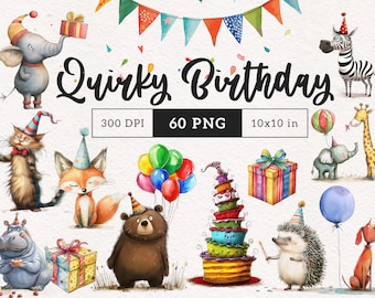 Quirky Birthday Animals clipart PNG Whimsical Safari Woodland Farm animal Sublimation clip art cute Whimsy graphics elongated illustrations