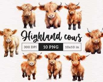 Highland baby cow PNG clipart western farm animals Clip art cute cows animal graphics illustrations PNGs Sublimation Card making Journal