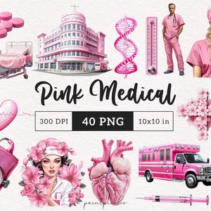 Rosa Krankenschwester Clipart Aquarell Medizinische PNG Apotheke Arzt Sublimation Basteln Karte machen Rosa Ambulanz Pillen Krankenhaus Kommerzielle Nutzung