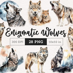 May include: Watercolor illustrations of wolves in various poses, including howling at the moon and with their cubs. The title "Enigmatic Wolves" is displayed, along with details: 300 DPI, 28 PNG, and 10x10 in.