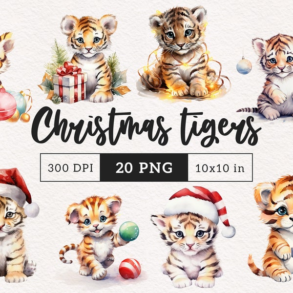 Christmas Tiger clipart PNG Holiday Safari Animal Bundle Watercolor clipart xmas Sublimation Baby tiger clip art graphics ornament cards