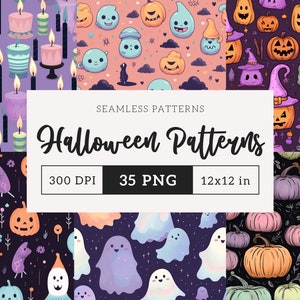 May include: A set of 35 Halloween themed seamless patterns featuring pumpkins, ghosts, candles, and witches hats. The patterns are in a variety of colors, including purple, orange, green, and blue. The patterns are 12x12 inches and 300 DPI.