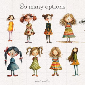 K&ouml;nnte beinhalten: Eine digitale Illustration von 10 M&auml;dchen mit verschiedenen Frisuren, Kleidung und Accessoires. Die M&auml;dchen l&auml;cheln alle und haben unterschiedliche Hautt&ouml;ne. Der Text "So many options" steht oben im Bild.