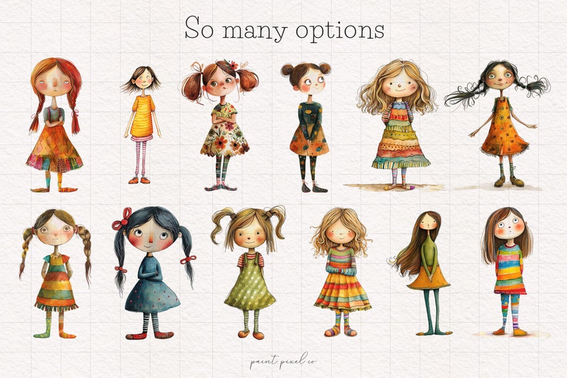 K&ouml;nnte beinhalten: Eine digitale Illustration von 10 M&auml;dchen mit verschiedenen Frisuren, Kleidung und Accessoires. Die M&auml;dchen l&auml;cheln alle und haben unterschiedliche Hautt&ouml;ne. Der Text "So many options" steht oben im Bild.