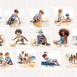 May include: A watercolor painting of a family enjoying a day at the beach. The painting features a variety of people, including children playing in the sand, adults relaxing on the beach, and a family walking along the shore. The painting is done in a bright and cheerful style, with a focus on the joy of spending time together at the beach.