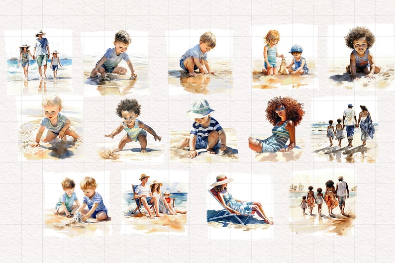 May include: A watercolor painting of a family enjoying a day at the beach. The painting features a variety of people, including children playing in the sand, adults relaxing on the beach, and a family walking along the shore. The painting is done in a bright and cheerful style, with a focus on the joy of spending time together at the beach.