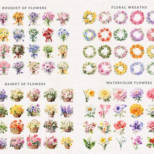 Op de afbeelding: Een verzameling aquarel illustraties met boeketten, kransen, manden en individuele bloemen. De bloemen zijn afgebeeld in verschillende kleuren, waaronder roze, geel, blauw, rood en wit.