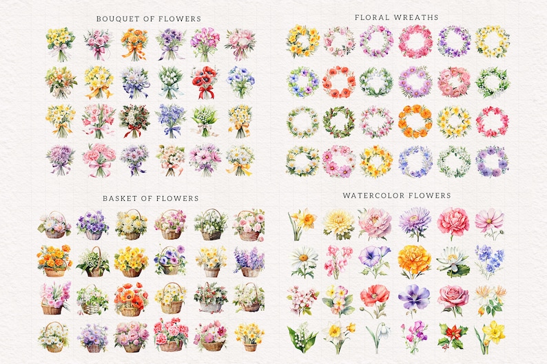 Op de afbeelding: Een verzameling aquarel illustraties met boeketten, kransen, manden en individuele bloemen. De bloemen zijn afgebeeld in verschillende kleuren, waaronder roze, geel, blauw, rood en wit.