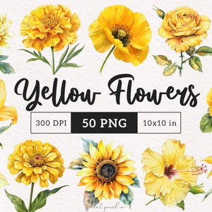 Żółty Kwiatowy Clipart Akwarela Żółte Kwiaty PNG Botaniczny Letnie Kwiaty Minimalistyczna grafika Kwiaty Ślubne Tworzenie Kart Scrapbooking