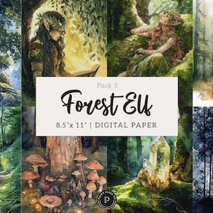 May include: A digital paper pack titled "Forest Elf" featuring watercolor illustrations of forest scenes with elves, mushrooms, and a deer. The paper size is 21.6 x 27.9 cm. The color palette includes greens, browns, and yellows.