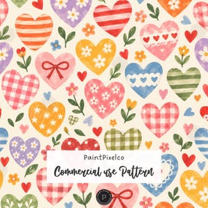 May include: A repeating pattern featuring various hearts in red, pink, yellow, blue, purple, and green with floral, gingham, striped, and bow motifs on a cream background. The text PaintPixelco Commercial use Pattern is centered.