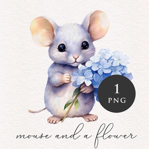 Souris et fleur PNG clipart doux petit animal Nursery Clip art adorable rongeur graphiques bois PNGs Sublimation Card making Journaling
