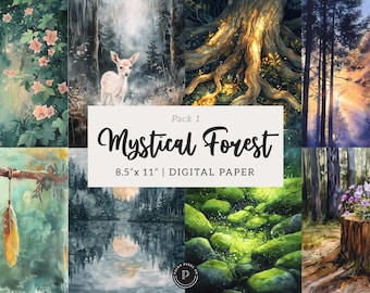 Mystical Forest Junk Journal Papers Enchanted Woodland Magic Scrapbook Printable Ephemera Digital Backgrounds Jungle Instant Download