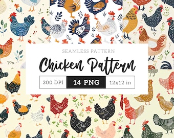 Chicken Pattern Seamless Background Digital Hen Printable Scrapbook Paper Seamless Textures Chick Repeating Pattern Rooster Sublimation