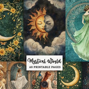 Mystical Cosmos Junk Journal -  Celestial Ephemera Filler Pages Printable - Moon Witch Scrapbook Fantasy Forest Mystical Backgrounds JPG