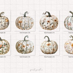 Peut inclure: Une collection de huit citrouilles &agrave; l'aquarelle avec des motifs floraux et des tiges vertes. Chaque citrouille pr&eacute;sente un design diff&eacute;rent, avec le texte "Toile Pumpkin" et un num&eacute;ro en dessous.